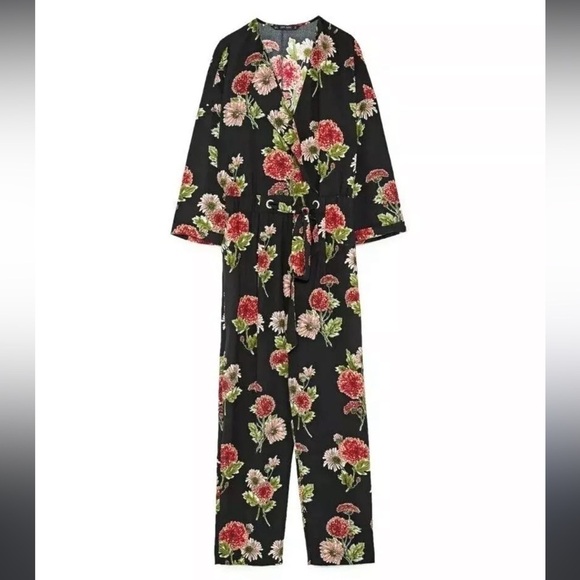 Zara Dark Floral Cross Front Long Sleeve Jumpsuit | Size Extra Small - Picture 16 of 16
